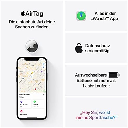 Apple AirTag 4er Pack - Finde und behalte Deine Sachen im Blick: Schlüssel, Geldbörsen, Gepäck, Rucksäcke und mehr. Einfaches Einrichten mit iPhone oder iPad. Austauschbare Batterie
